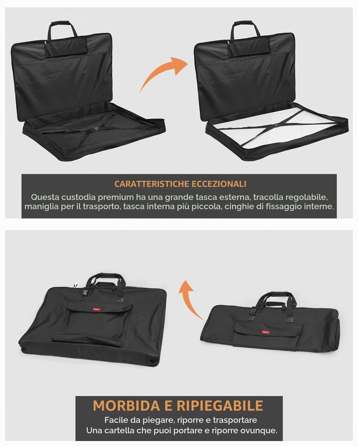 Nicpro Borsa portfolio per artisti, 86 x 106 cm, impermeabile, con lati morbidi, con cinghia, per riporre opere d'arte, schizzi, disegni, fotografie, Nero, 34 x 42 inches, Moderna