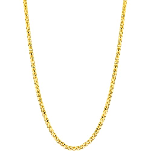 24K Gold Stainless Steel Wheat Chain Necklace for Men, 3mm, 18-26 Inch
