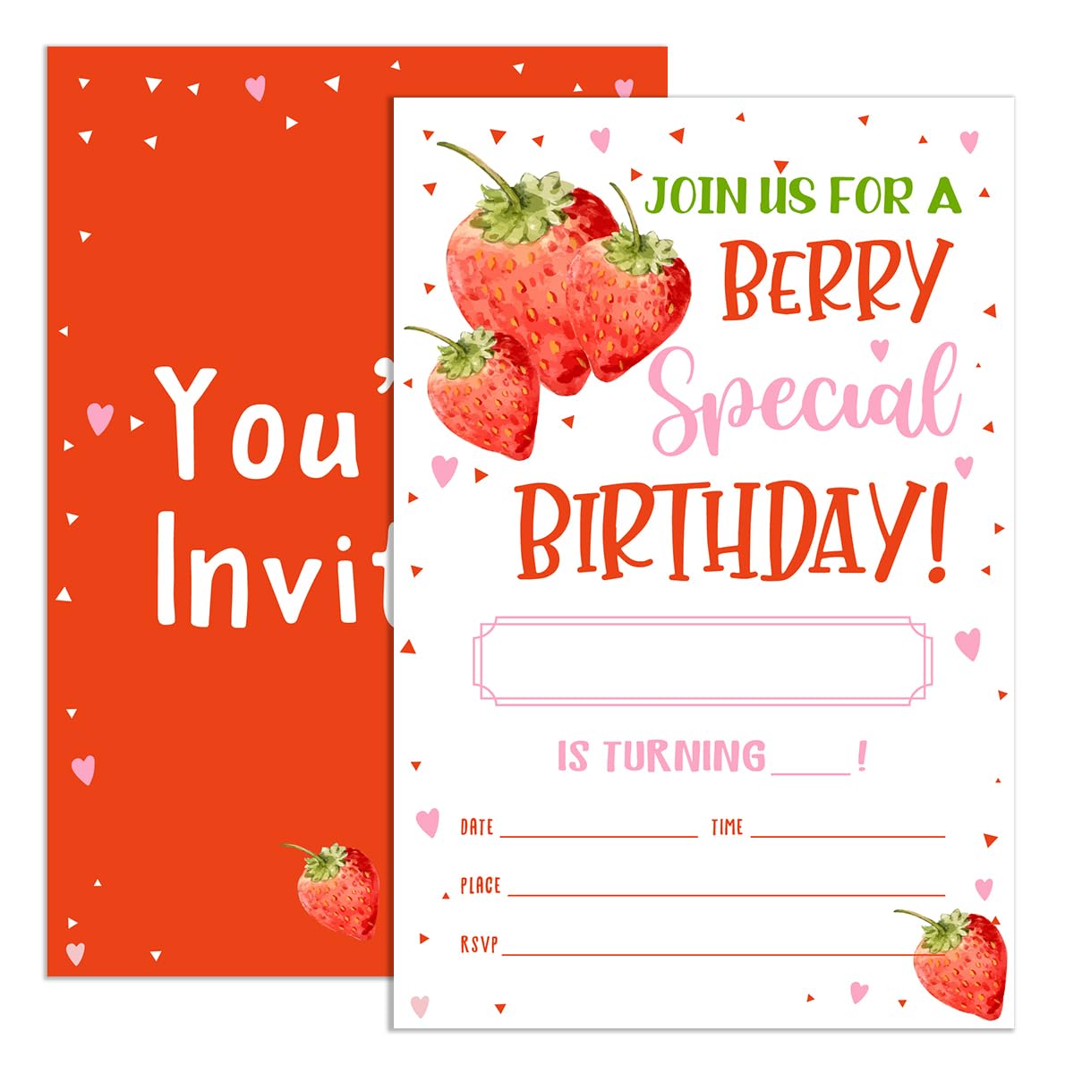 UDNADKEX Strawberry Birthday Invitations for Girl with Envelopes, Invites for Birthday Party Berry Sweet, Strawberry Birthday Invitations Cards, Berry