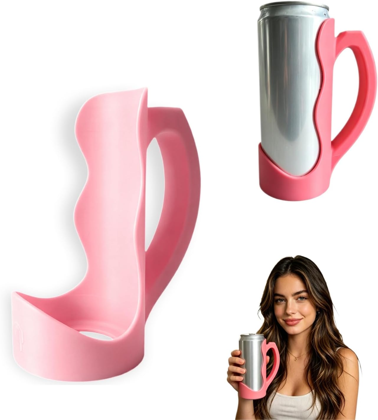 Slim Can Holder 12 Oz with Handle, 3D Printed Reusable Beverage Grip for Beer, Suitable for A Variety of 12 Oz Canned Beverages and Beer (Wave Pink)