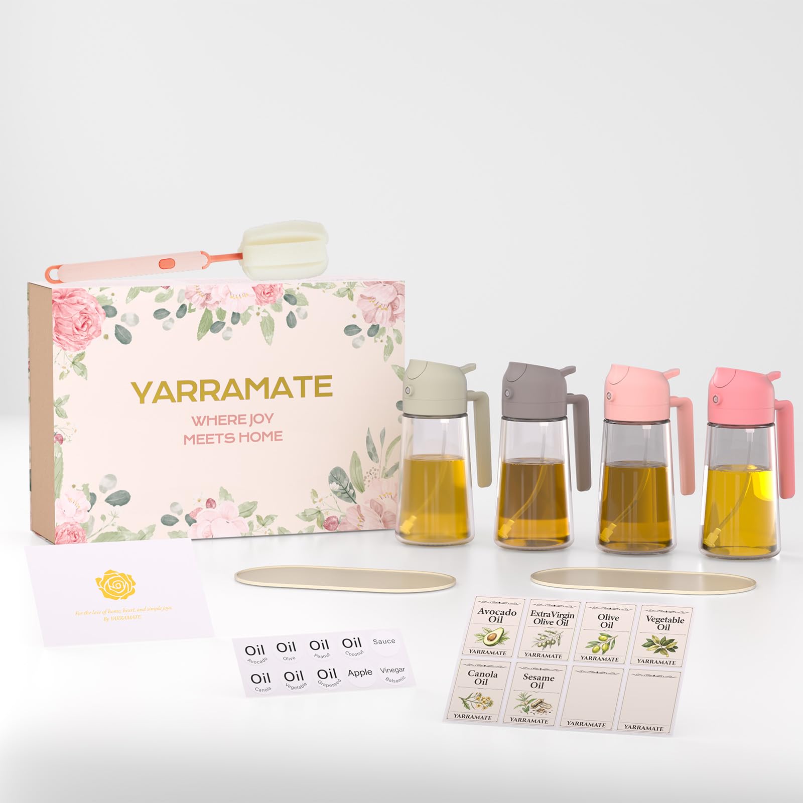 YARRAMATE 4er-Pack 16 oz Glas-Olivenölzerstäuber für Kochen, 2-in-1 Ölzerstäuber & Spenderflaschen-Set mit rosa Geschenkbox, Ölzerstäuberflasche für Heißluftfritteuse, Salat, BBQ – Küchenhelfer.