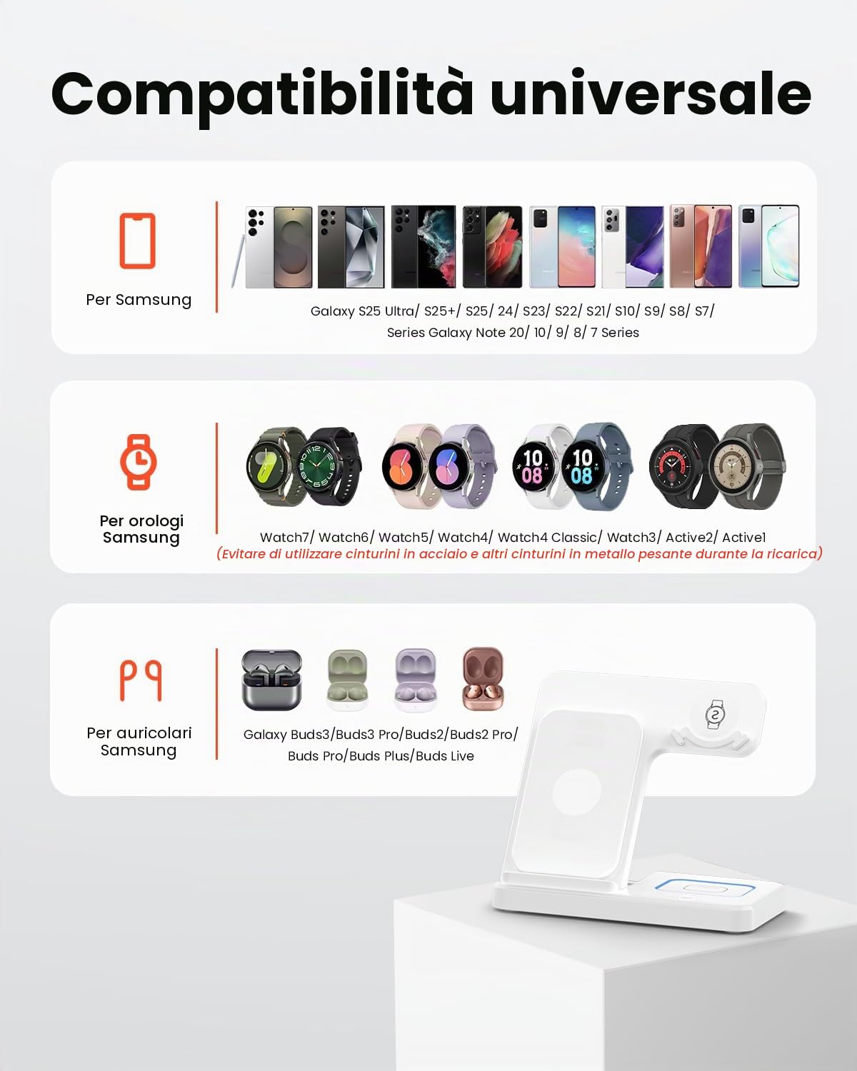 GEEKERA 3 in 1 Caricatore Wireless Pieghevole per Samsung S25/S24/S23/ZFold/Flip, Galaxy Watch e Buds - Stazione di Ricarica Wireless - Bianco