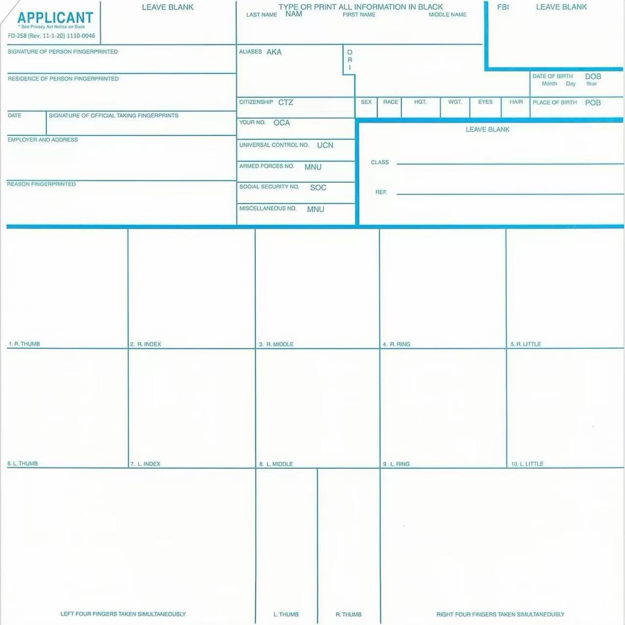 SolaceWood Fingerprint Cards FD-258, Instructions,11-1-20 Newest Version-10 Pack