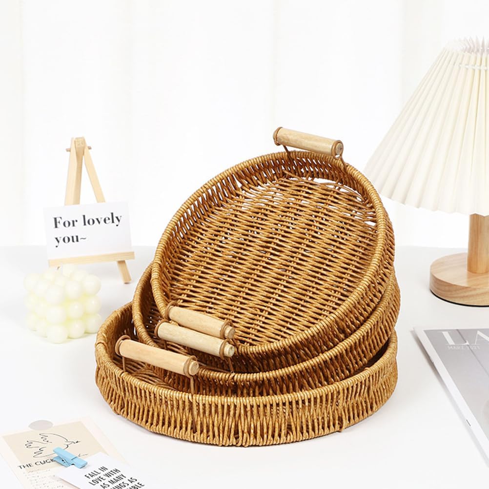Imitation Rattan Handmade Woven Kitchen Vegetable Drainer Basket, Wicker Woven Food Storage Display Box for Bread, Food Snacks Strainer