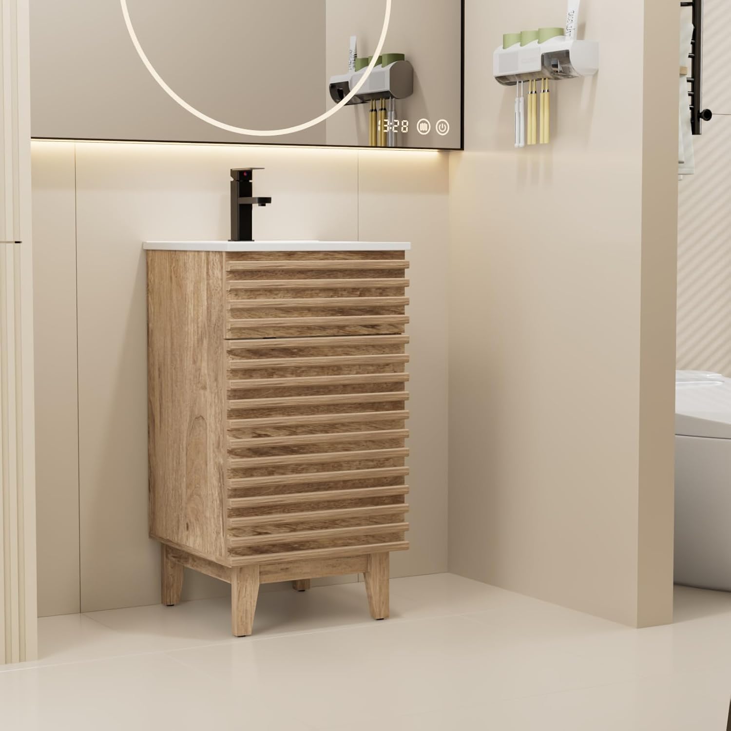 LUCKWIND 18" Bathroom Vanity with Sink Combo, Mid-Century Storage Cabinet with Wood Stripes, Ceramic Sink and Water Saving Faucet, Walnut