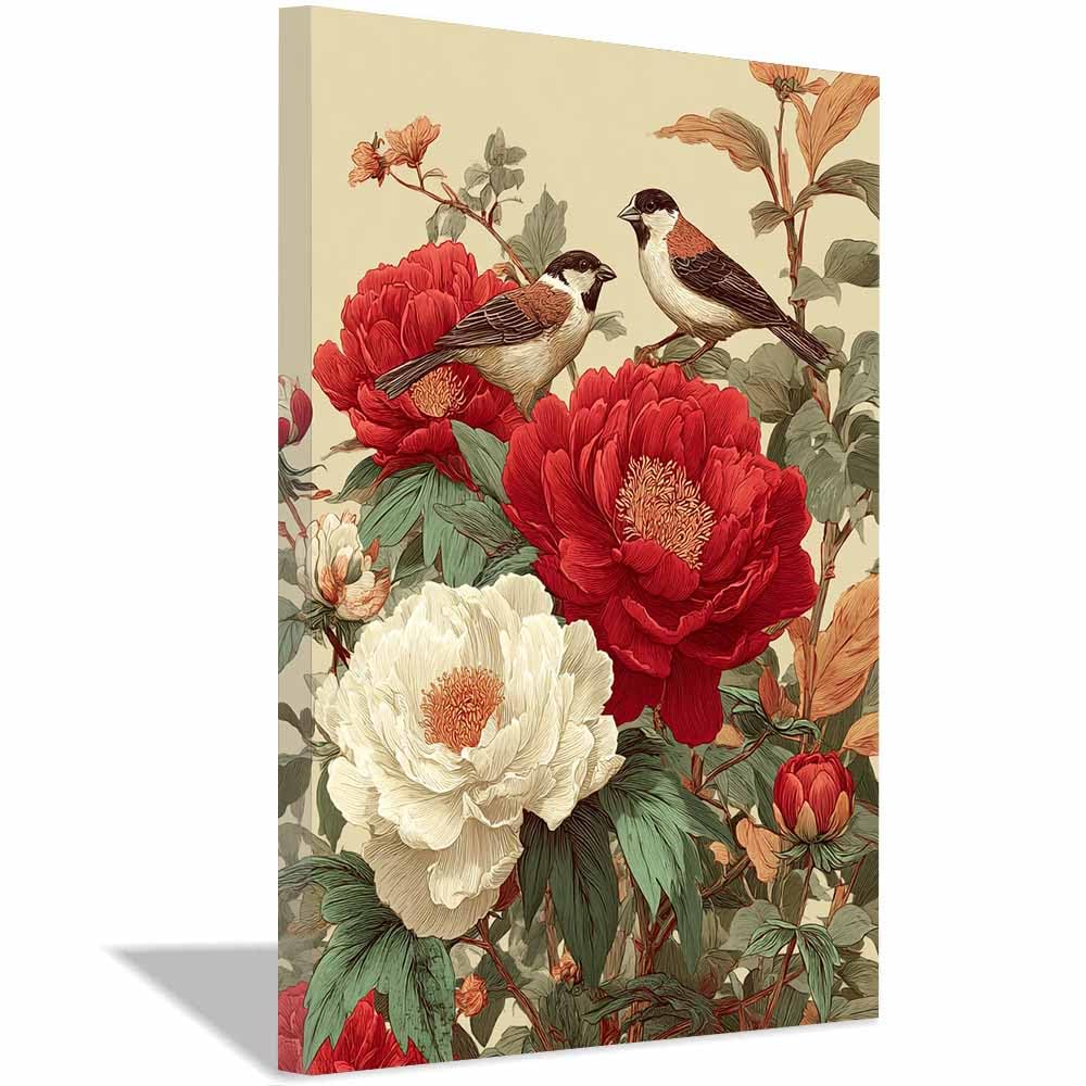 Xeniou Multicolor Flowers Canvas Peony And Bird Art Canvas Wall Art, For Bedroom Bathroom Living Room Home Wall Decor(Multicolor)-70X100cm Framed