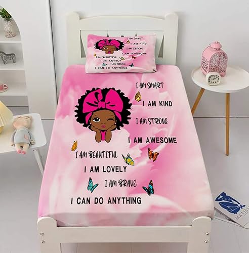 Black Girl Magic - Juego de sábanas bajeras de tamaño individual para niña afroamericana, bonito juego de sábanas bajeras de princesa negra afro