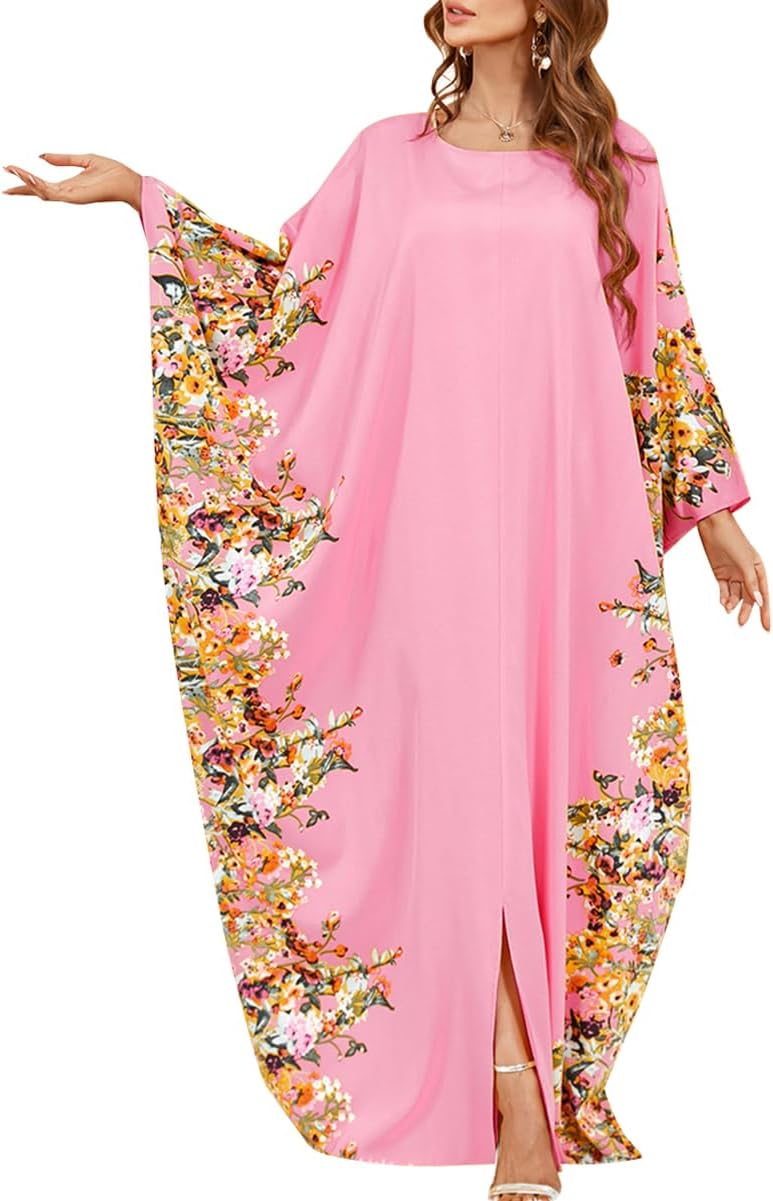 IDOPIP Abayas for Women Muslim Ramadan Dress Long Sleeve Floral Maxi Moroccan Kaftan Dress Loose Islamic Dubai Pakistani Robe