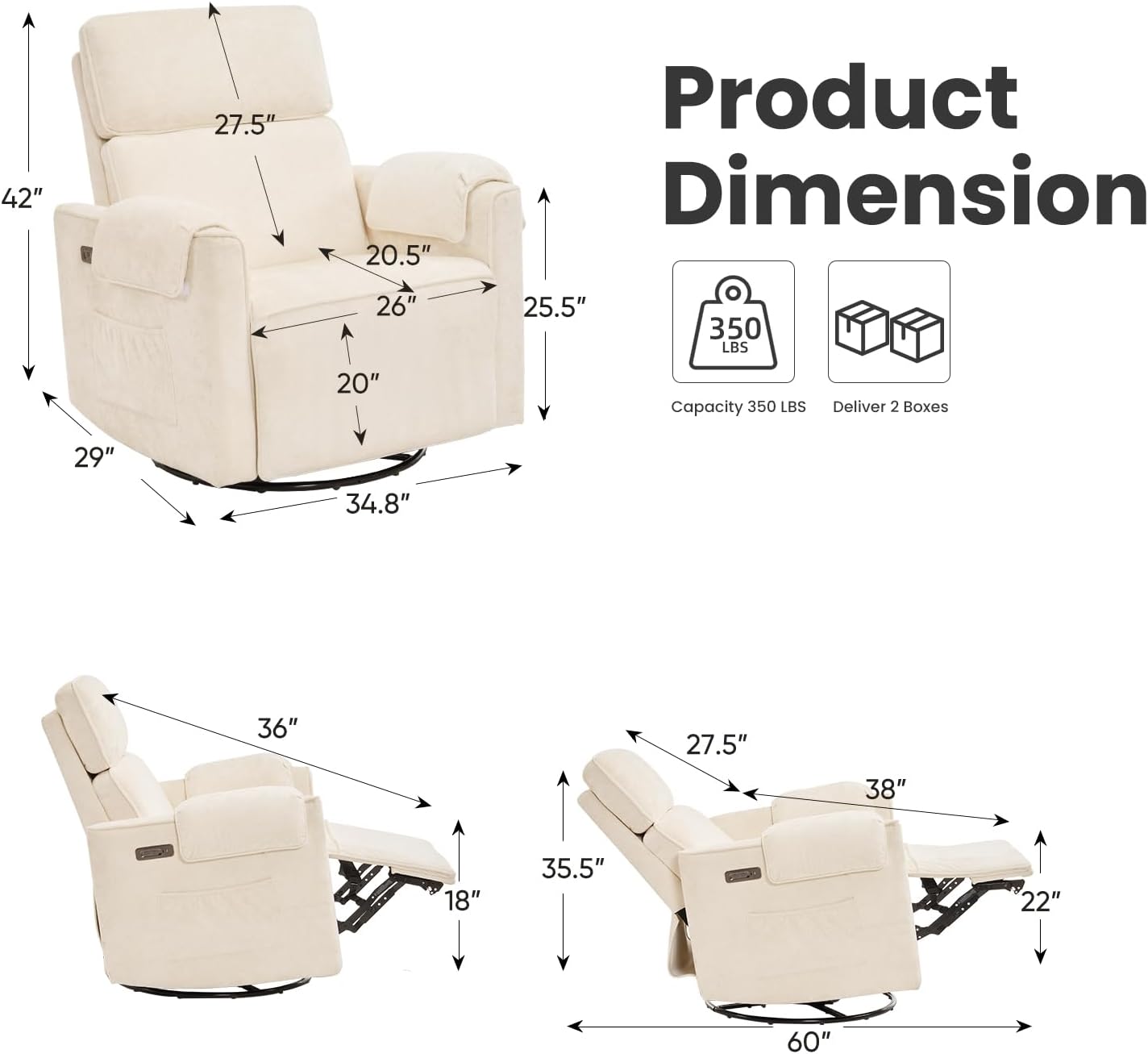 Oversized Power Recliner Chair Swivel Glider with Adjustable Headrest, 26" Extra Wide Glider Nursery Chair with Overstuffed Armrest, USB Ports, Chenille Fabric, Cream