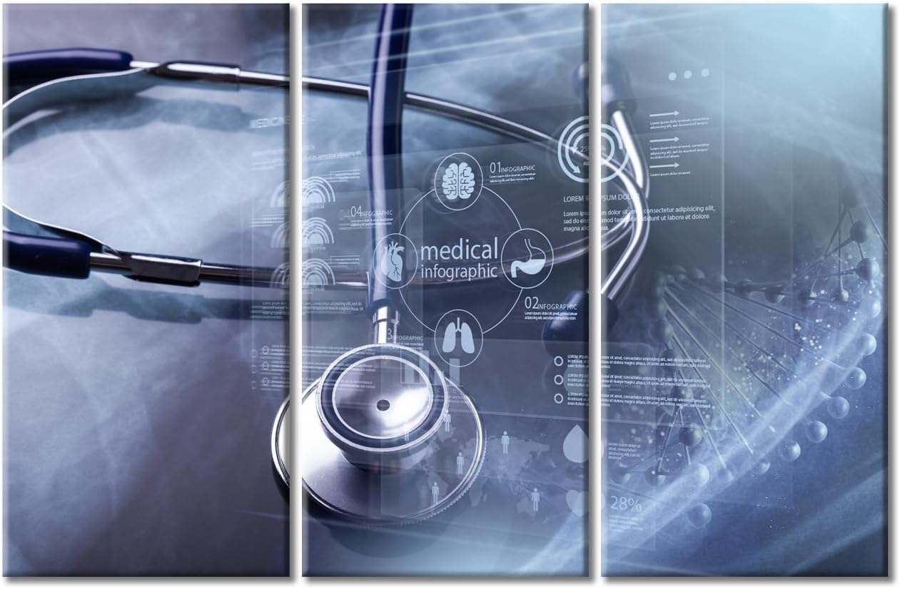 Modern Medicine Cardiology Concept Paintings Wall Art 3 Panels Stethoscope and Medical Paintings for Wall Decorations Wall Prints Giclee Print Gallery Packaging Artwork Ready to Hang (42"Wx28"H)