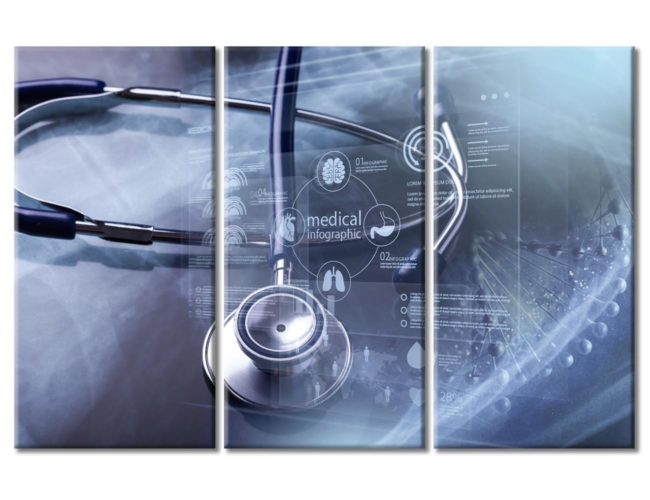 Modern Medicine Cardiology Concept Paintings Wall Art 3 Panels Stethoscope and Medical Paintings for Wall Decorations Wall Prints Giclee Print Gallery Packaging Artwork Ready to Hang (42"Wx28"H)