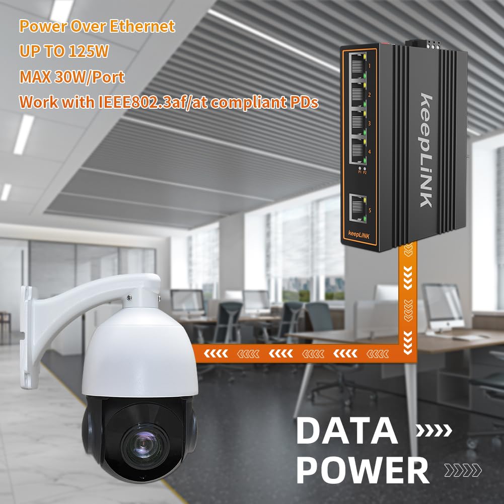 Poe Switch für unmanagtes industrielles Netzwerk mit 5 Ports, 125 W Fast Ethernet DIN-Schienenswitch, Betriebstemperaturbereich IP40 von -30° bis 75°C (-22° bis 167°F)