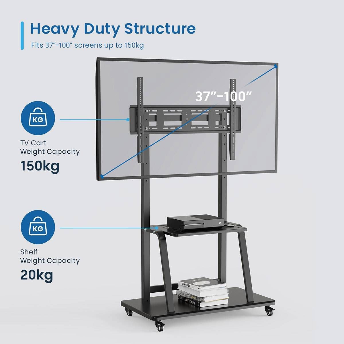 Ewent Premium TV-Ständer aus Stahl, Mobiler Ständer mit Rollen für Plasma-/LED-/LCD-Bildschirme von 55-120 Zoll, Bodenständer für Fernseher bis 150 kg, Höhen- und Breitenverstellbar, mit 2 Ablagen