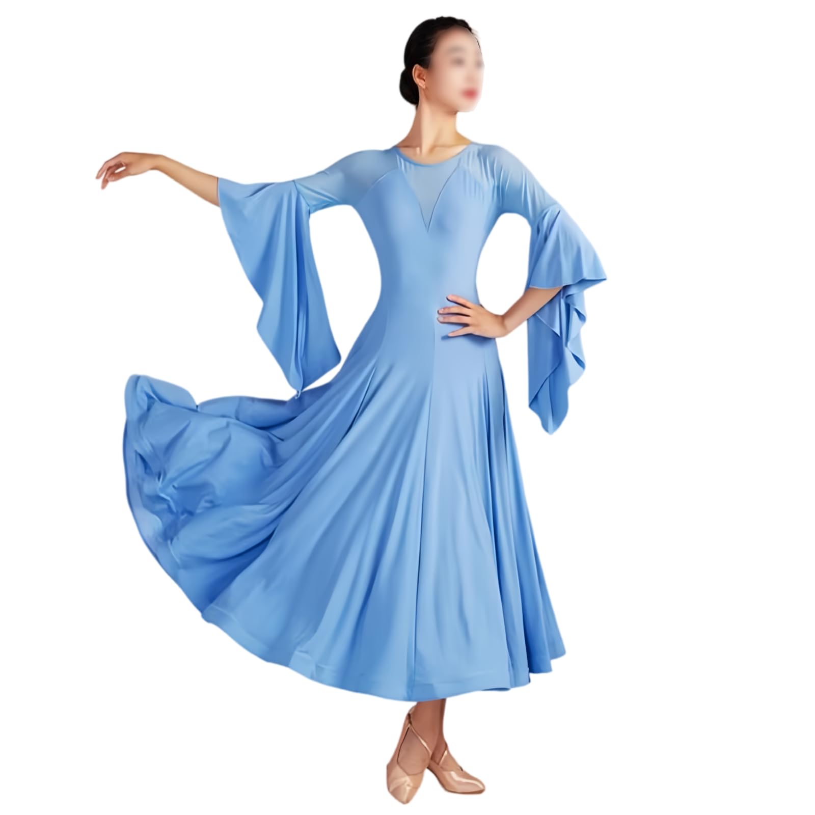Damen Standard Tanzkleid, Elegantes Midi Kleid Mit Mesh-Einsatz Und Glockenärmeln Für Walzer Tango Foxtrott Training Und Auftritt