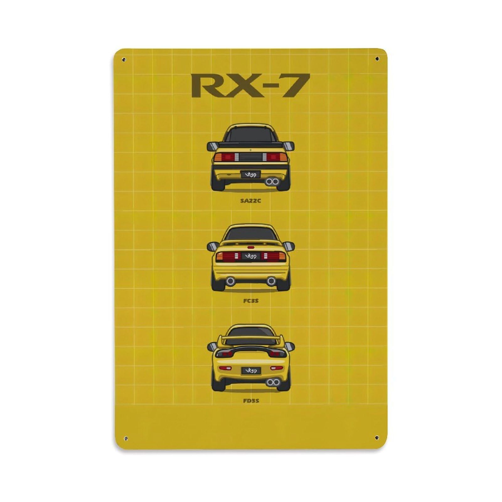 Mini Version JDM Car RX-7 Racing Car Evolution History Metal Tin Sign Plaque Wall Decor for Cafe, Club, Garden Metal Poster 8x12Inch