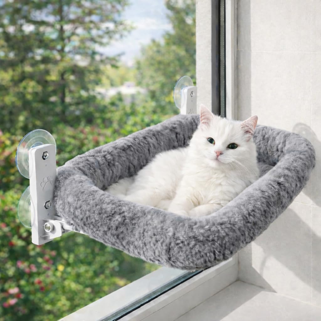 Hamac Chat Fenêtre avec Ventouses Renforcées – Lit Suspendu Réversible Été/Hiver – Perchoir Stable Jusqu’à 18 kg – Couchage Pliable en Hauteur – Taille L/XL – Blanc ou Gris (Gris, Large)