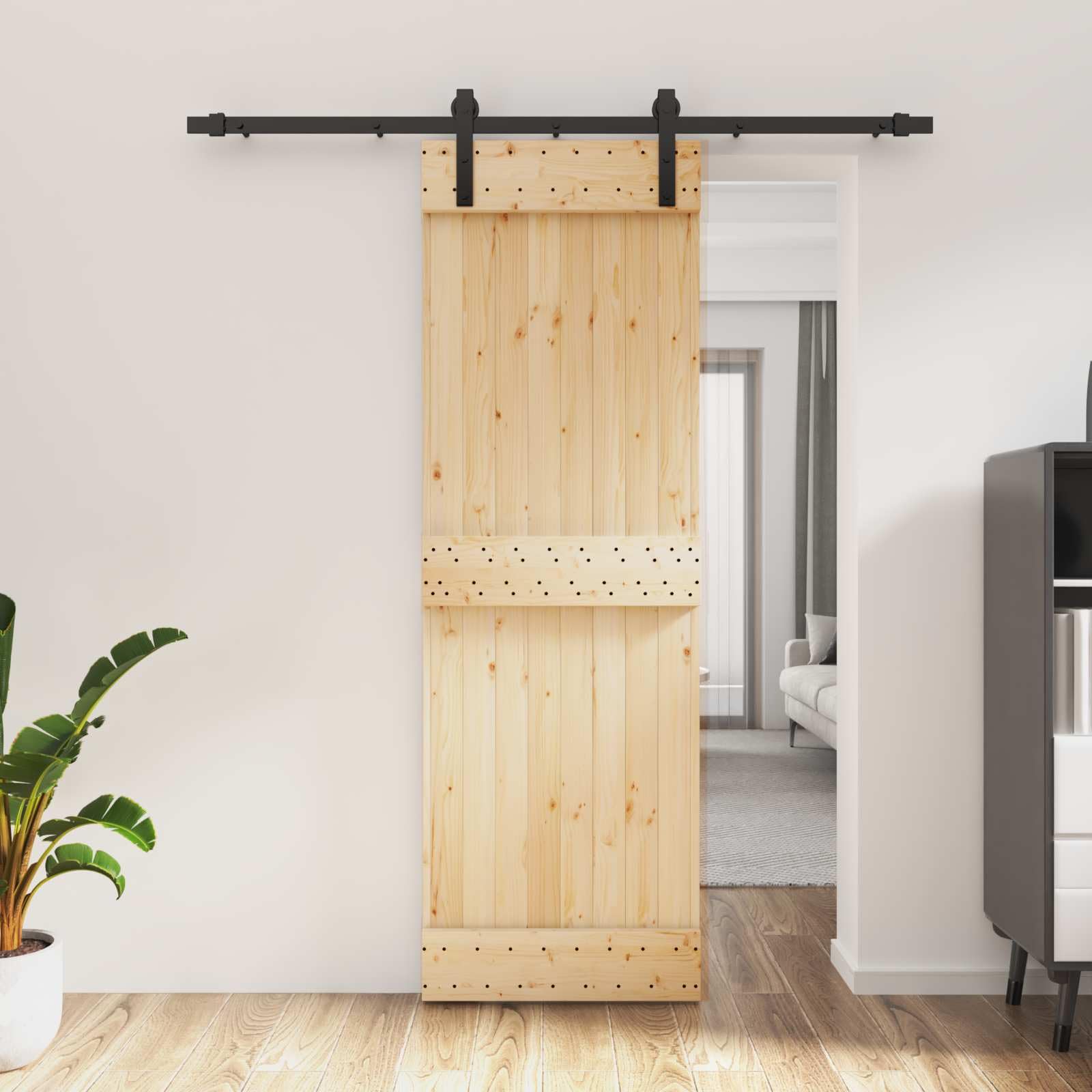 Drzwi przesuwne z litego drewna sosnowego, naturalnie czarne, 70 x 210 cm, z szyną malowaną proszkowo, nie zajmują dużo miejsca do wnętrz, łącznie z okuciem i akcesoriami montażowymi