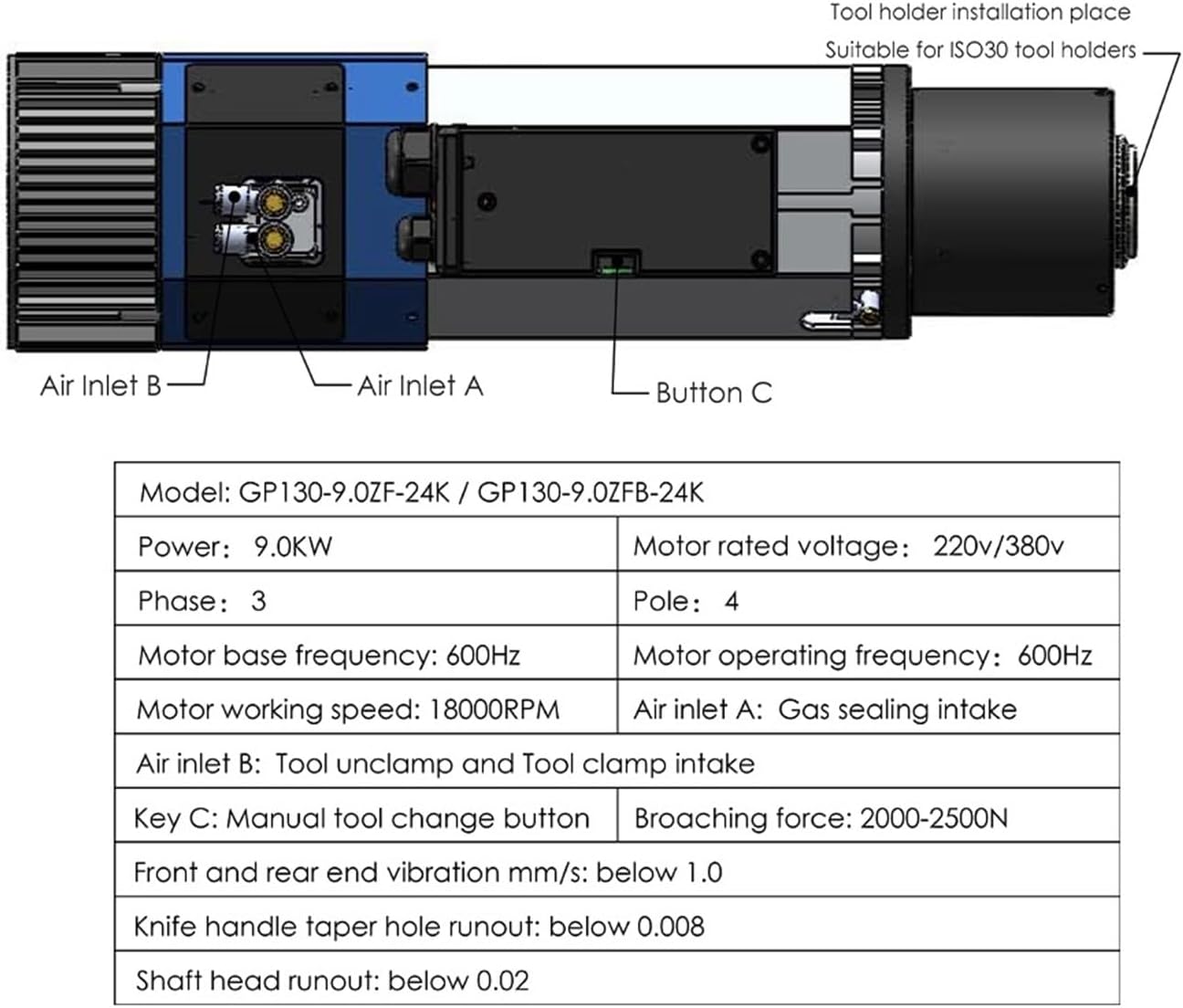 ISO30 9.0kw spindle 220v/380v automatic tool change air cooling 11KW BD612 frequency conversion(220v)