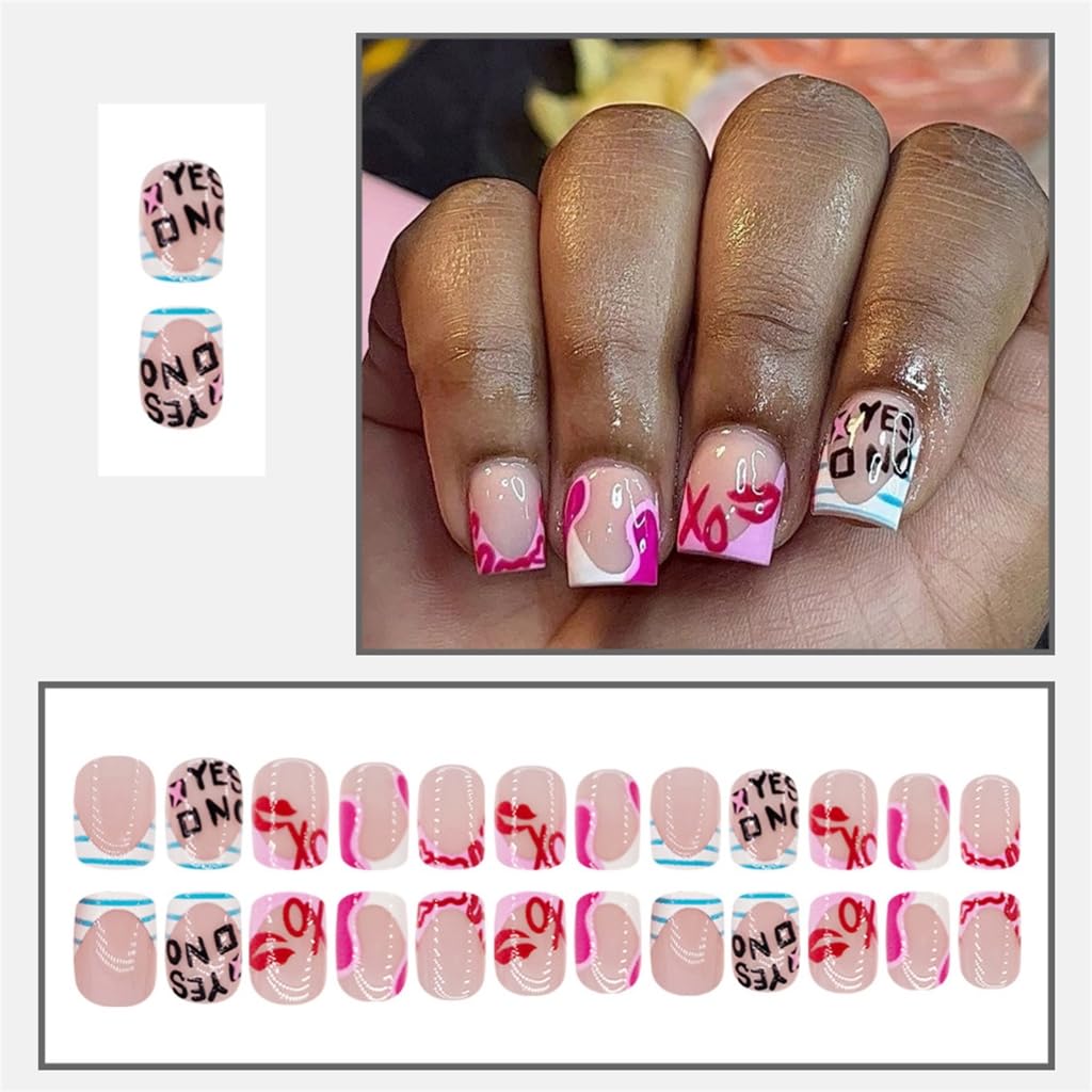 24pcs Short Square French Stick on Nails Valentine's Day Manicure Nails Accesories For Special Occasion