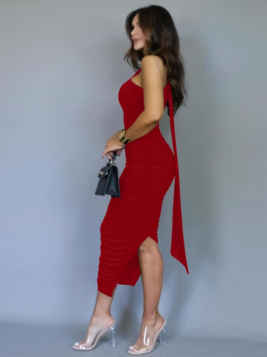 DAAWENXI Women's Sexy Sleeveless Ruched Slit Midi Dress Halter Mesh Bodycon Party Club Dresses - Image 5