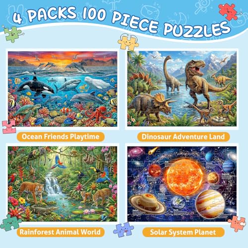 4 Packs 100 Piezas Rompecabezas para Niños Edades 4-6 6-8 8-10, Dinosaurios, Mundo Marino, Vida Salvaje y Sistema Solar, Rompecabezas de 100 Piezas, Regalos para Niños 15x10 pulg miniatura 2