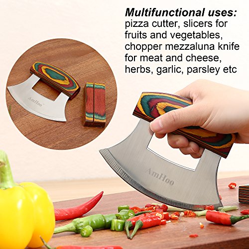 Amhoo Pizza Cutter Chef Mezzaluna Ulu Knife Handle Color Wood Grip Sharp Rocker Slicer Stainless Steel Blade Salad Onion Vegetable Chopper with Holder Base Christmas Gifts - Thumbnail 4