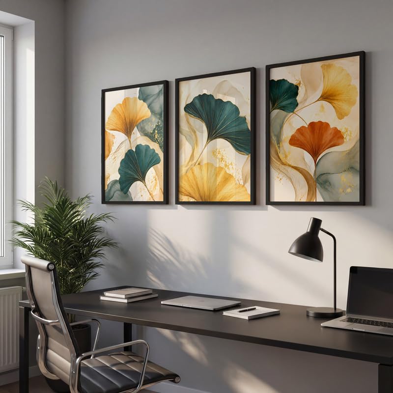 Image of NoWorries Abstract Ginkgo Leaf Wall Art Frames Set of 3 | Modern Botanical Look Paintings with Gold & Teal Leaves | Premium 300 GSM Prints in Synthetic Wooden Frames | Living Room, Bedroom, Office & Home Decor (BLACK, ART-16, 13X19INCHES)