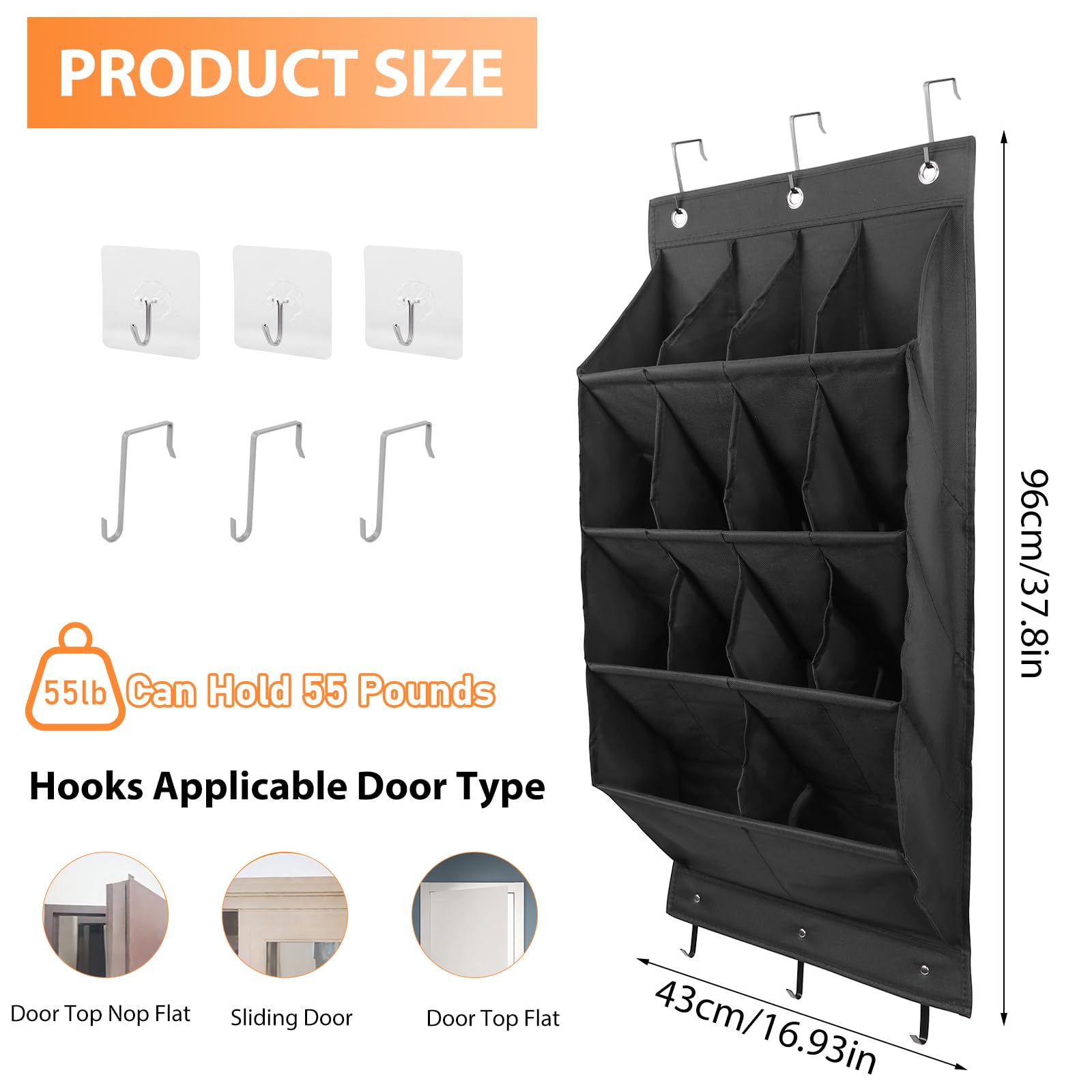 bssmmai schoenenrek deur, hangend schoenenrek, hangend schoenenorganizer met 6 haken, schoenenopslag deur met 14 diepe vakken voor schoenen, woonaccessoires enz. (Grijs