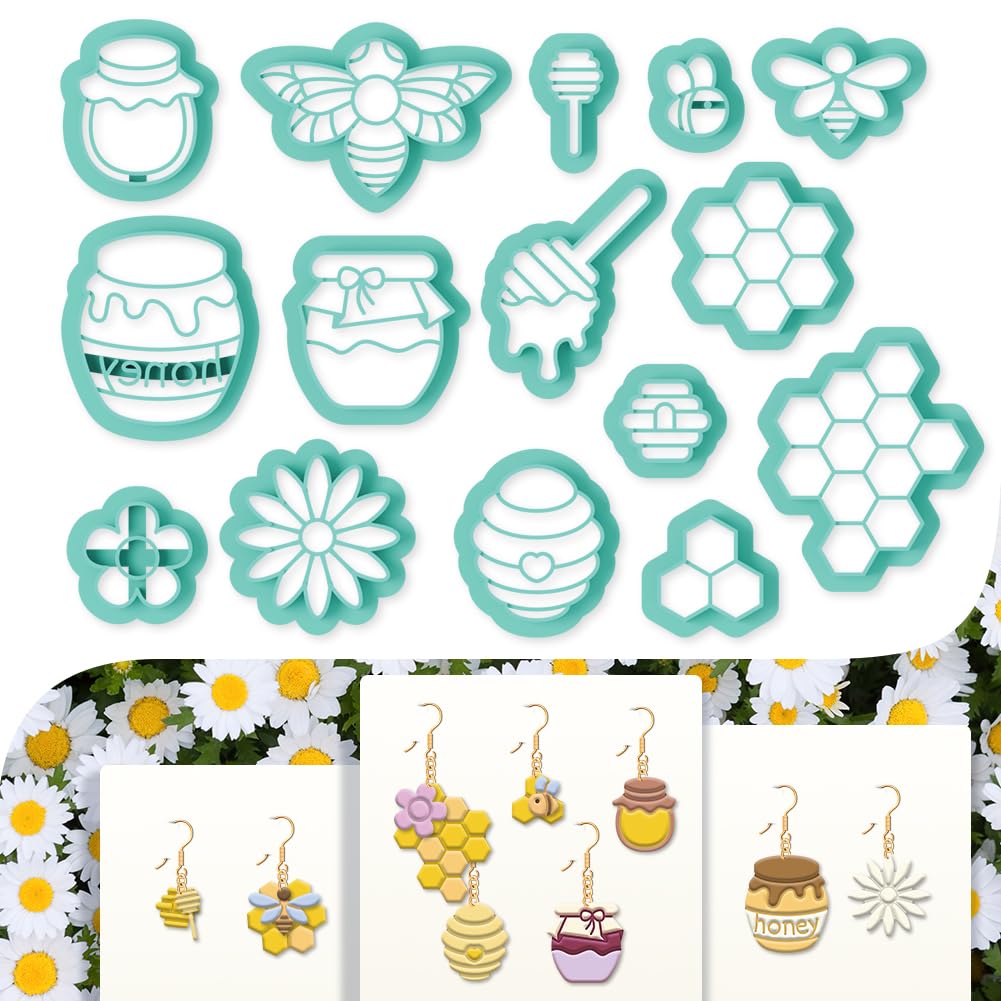 beinkmake 15Pcs Bees Polymer Clay Cutters Clay Earrings Cutters Flower Honey Beehive Jars Polymer Jewelry Cutter for Earrings Making Birthday Party DIY Supplies โ image 1