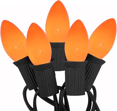 C9 - Guirnalda de luces naranjas de cerámica, 25 pies, para exteriores, con 26 bombillas naranjas de cerámica (1 repuesto), luces naranjas de