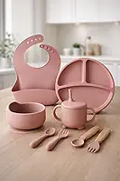 Kit Introdução Alimentar Bebê Silicone 8 Peças com Prato Divisória Sucção, Bowl, Babador, Copo com Tampa e Canudo, Talheres Silicone e Madeira, Antivazamento, Livre de BPA
