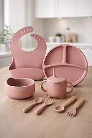 Kit Introdução Alimentar Bebê Silicone 8 Peças com Prato Divisória Sucção, Bowl, Babador, Copo com Tampa e Canudo, Talheres Silicone e Madeira, Antivazamento, Livre de BPA