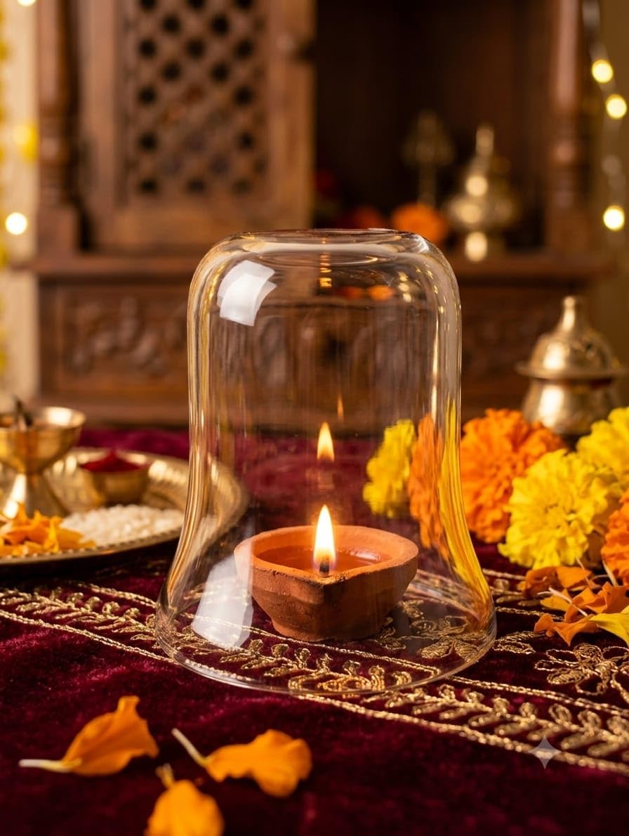 Classic Curved Glass Shade Without Diya | Diya Cover for Bedroom & Mandir, Pooja, Home Decoration & Gifts, Tealight, 5 inches Height, 5 inches Width | Pack of 1-picture-43