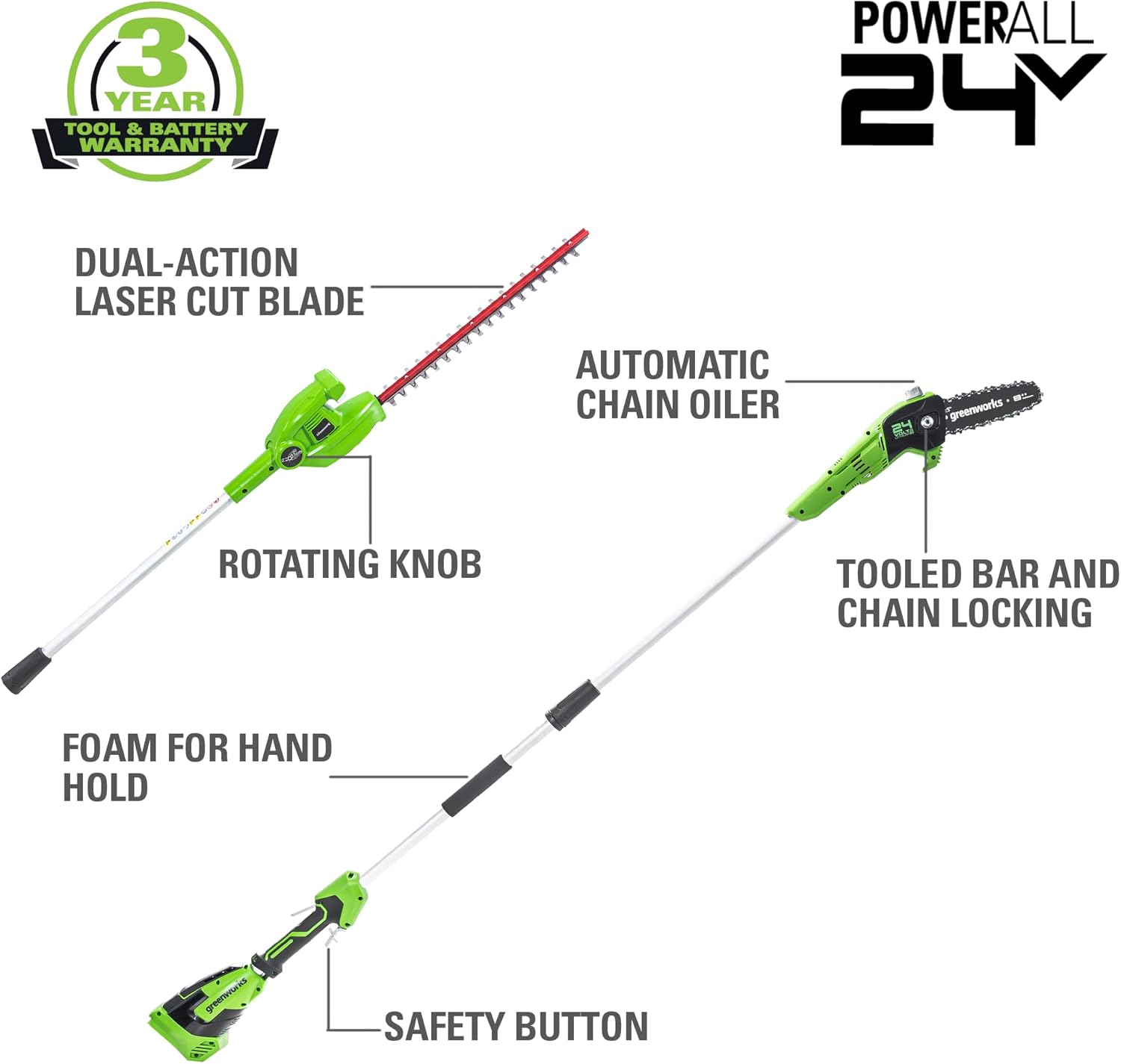 Greenworks 24V 8" Cordless Polesaw + 20" Pole Hedge Trimmer Combo (Great For Pruning and Trimming Branches / Shrubs), 2.0Ah Battery and Charger Included