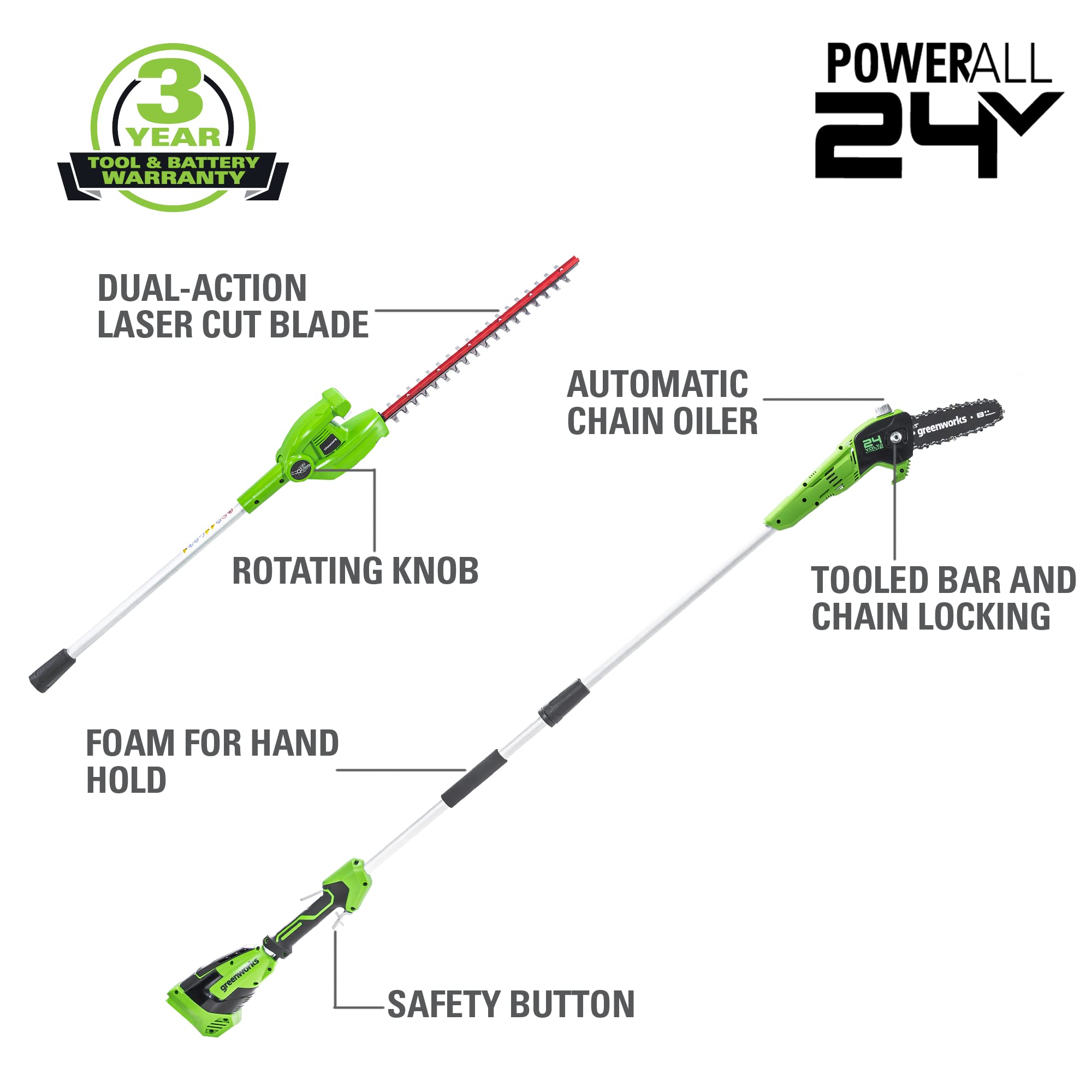 Greenworks 24V 8â€_x009d_ Polesaw / Pole Hedge Trimmer Combo, 2.0Ah Battery and Charger