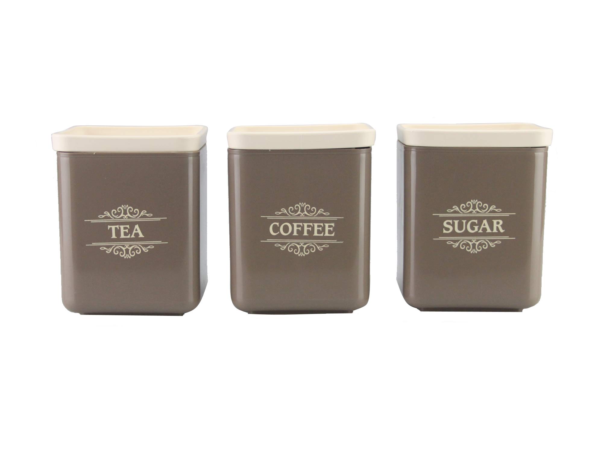 3 Piece Tea Coffee Sugar Canister Set 1300ml Large Plastic Square Tea Coffee Sugar Container Tin Airtight Storage Jars Set 1.3L Brown/Cream (Brown)