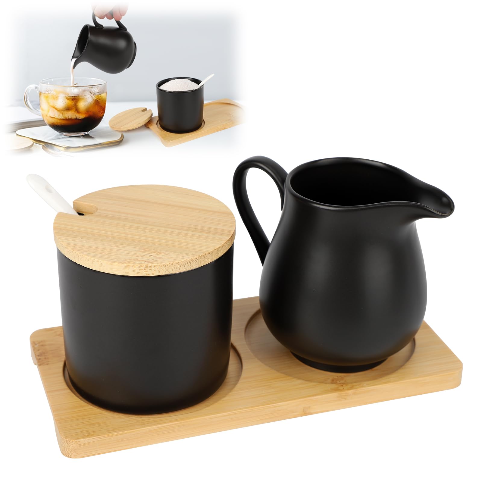 Set di Latte e Zucchero con Coperchio e Cucchiaio, brocca per Latte in Ceramica Bianca e zuccheriera con Vassoio in Legno, Lavabile in lavastoviglie e microonde (Nero)