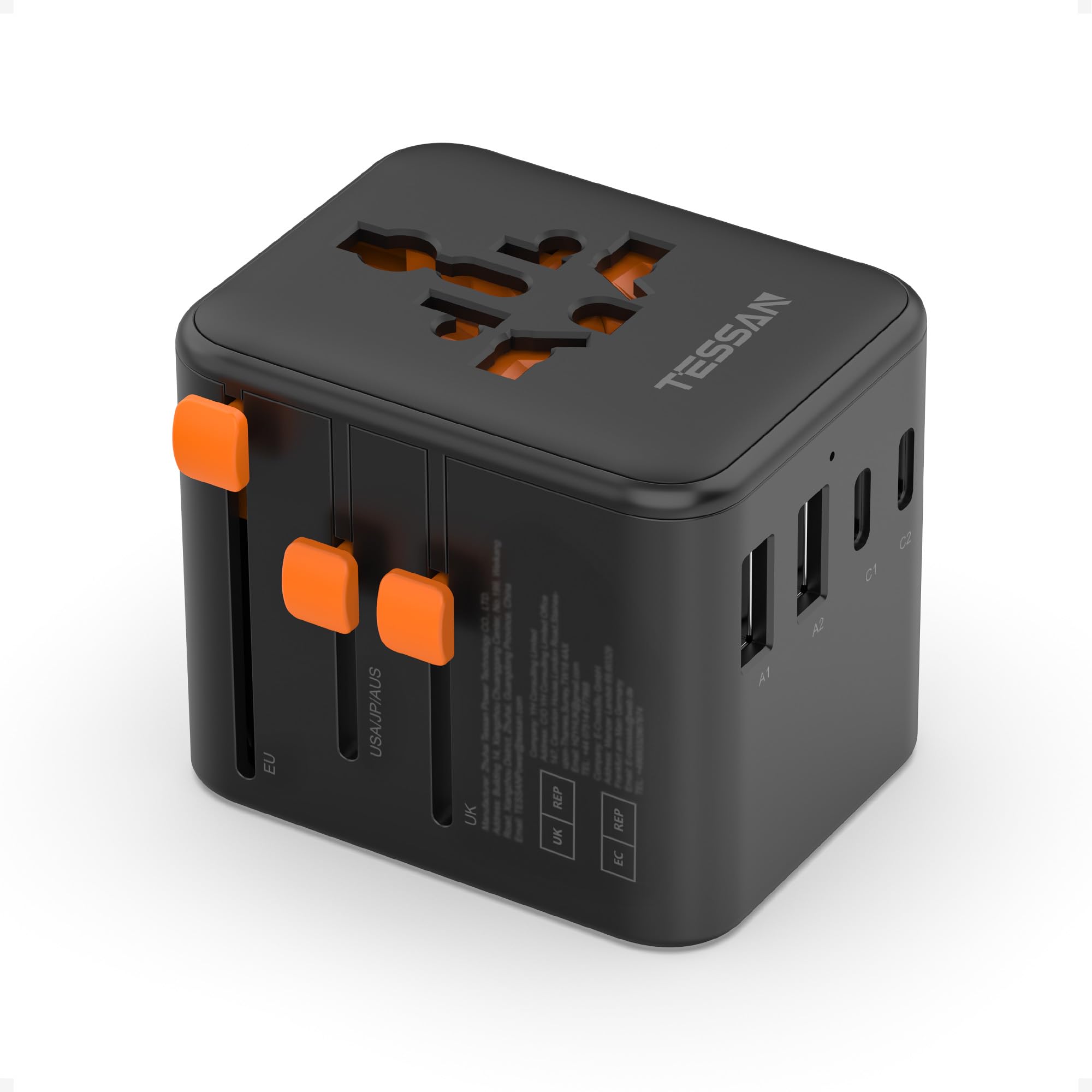 TESSAN Universal Travel Adapter Worldwide with 4 USB (2 USB C), International Travel Adapter UK to European Power Universal Plug Adaptor for EU USA Australia Thailand (Type C, G, A, I), Black