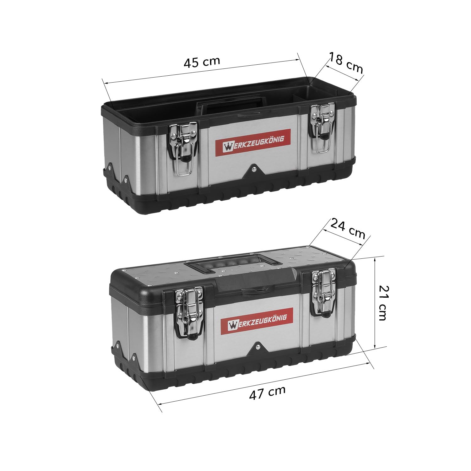 Werkzeugkoffer leer Edelstahl 47 x 24 x 21 cm Werkzeugkasten mit herausnehmbarer Ablage, Werkzeugkiste mit Organizer für Werkzeuge, robuster Koffer mit Metallschließen, inkl. Griff