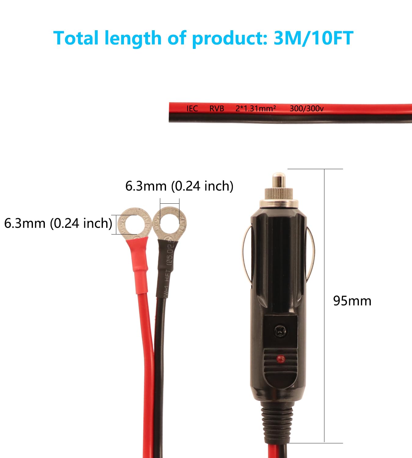 Zapalniczka samochodowa do zacisku O-ring 12 V-24 V, wtyczka do zapalniczki samochodowej, kabel przedłużający z bezpiecznikiem 15 A, do pompy powietrza, kubka elektrycznego i DIY, 10stóp