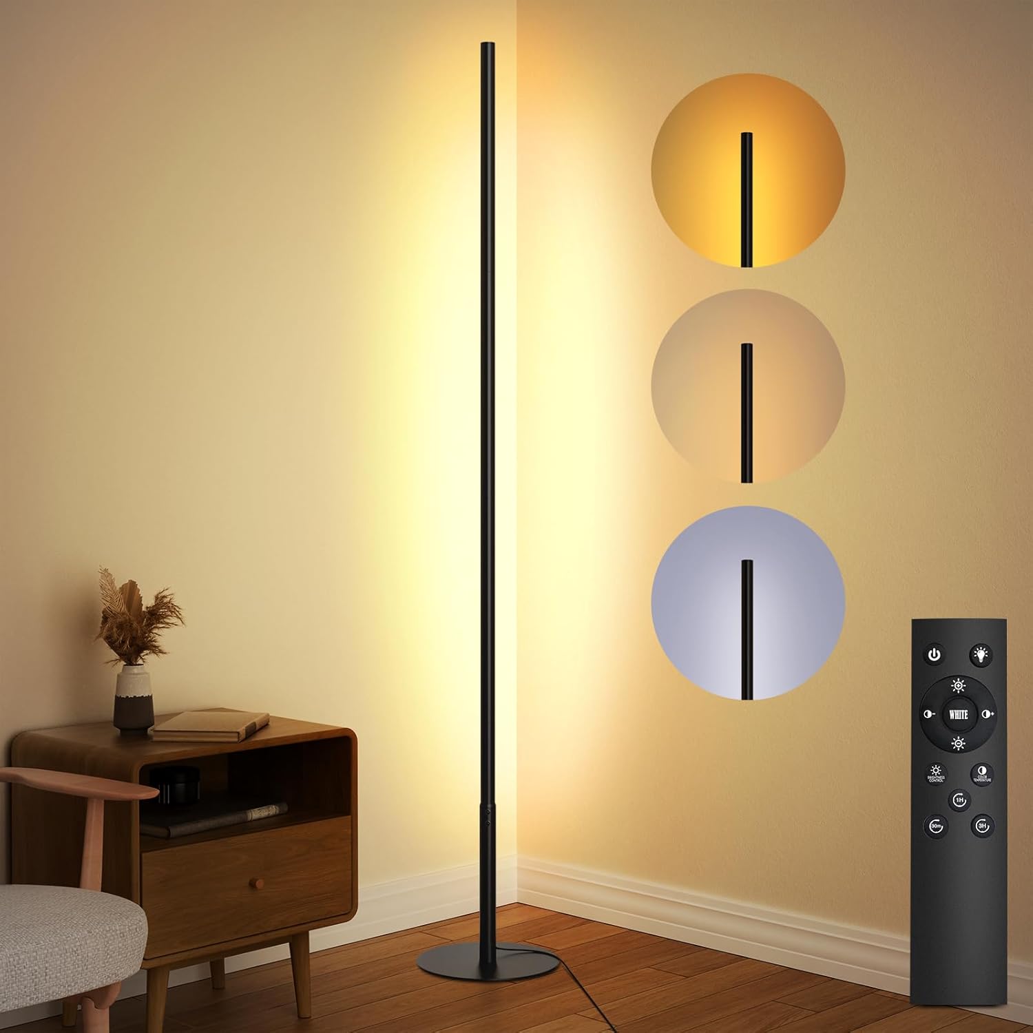 LED Corner Floor Lamp, Minimalist Dimmable Light with Remote, 2700-6500k Color Temperature Stepless Adjustable, 58 Inches Tall Standing Lamp for Living Room, Bedroom, Home Office, Black Black Floor Lamp