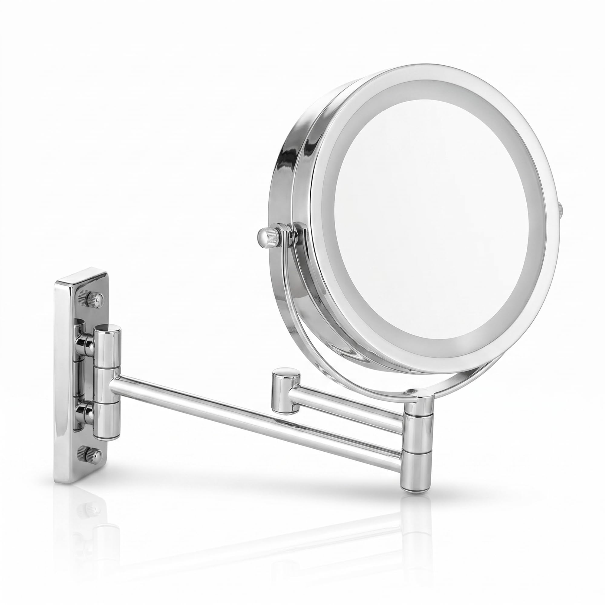 Mucola Kosmetikspiegel Schminkspiegel LED 10-Fach Vergrößerung Wandmontage | Doppelt schwenkbarer Arm zum Heranziehen, blendfreier Lichtring, für Rasur und präzises Styling, Chromoptik rostresistent