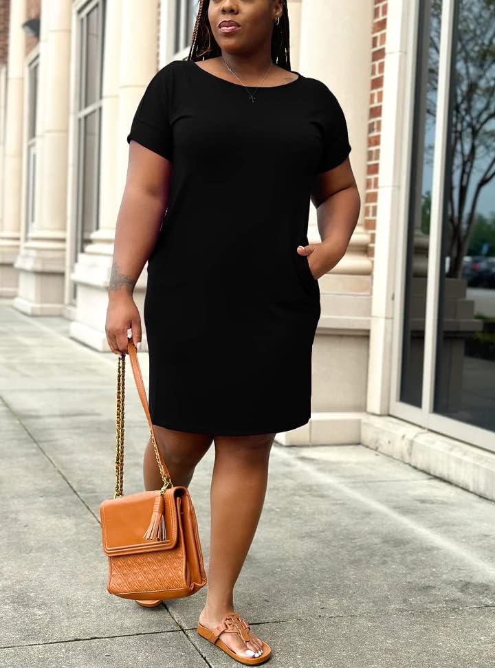PINSV Women Plus Size Summer Casual T Shirt Dresses Short Sleeve Tunic Dress with Pockets Black 2XL - Image 5