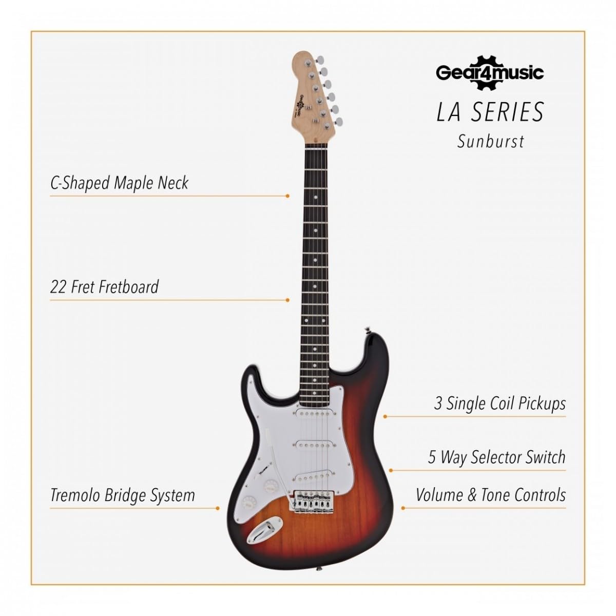 Gear4music Gaucher Taille standard Guitare électrique LA Series, Sunburst