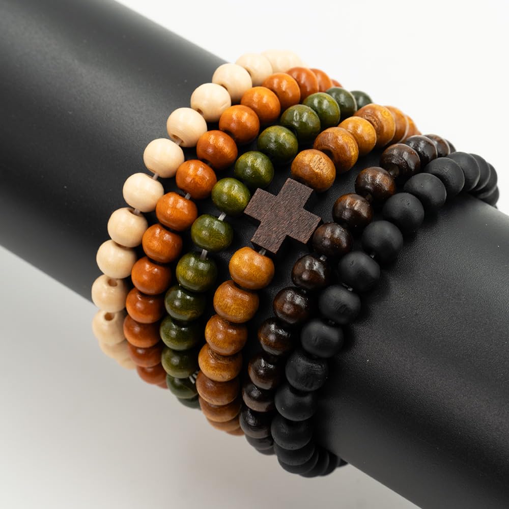 Zestaw 6 bransoletek z koralików drewnianych Stack, Cross Bangle - Bransoletki z koralików dla kobiet i mężczyzn, 8 mm okrągłe, elastyczne bransoletki z koralików, unisex, do jogi