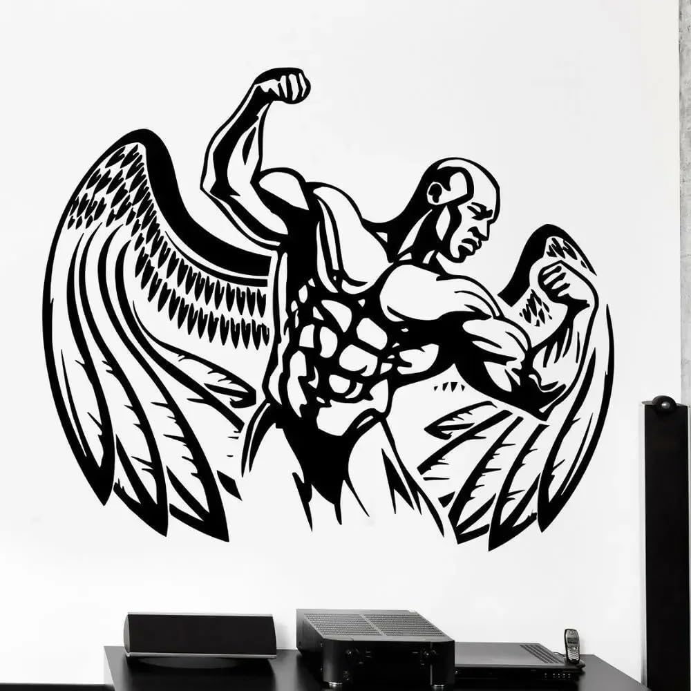 Bodybuilder Winged Man Vinyl Decal Wall Sticker Sport Bodybuilding Home Gym Room Decoration Art Wallpaper Bedroom Mural 67X57 CM