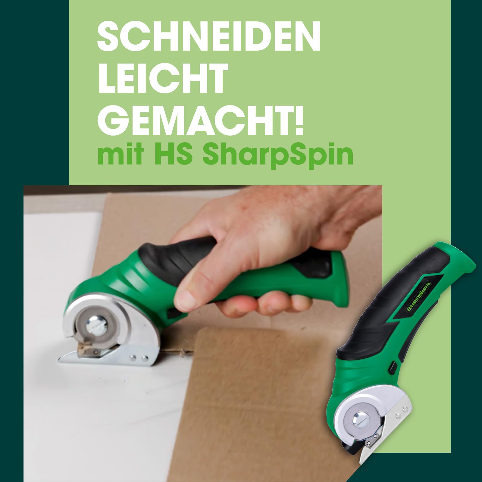 Hammersmith SharpSpin - Elektrische Schere kabellos - Kartonschneider, Akku Schere für Karton, Stoff, Leder, Teppich, PVC & Kunststoff - selbstschärfende Klinge - präzise Schneiden ohne Kraftaufwand