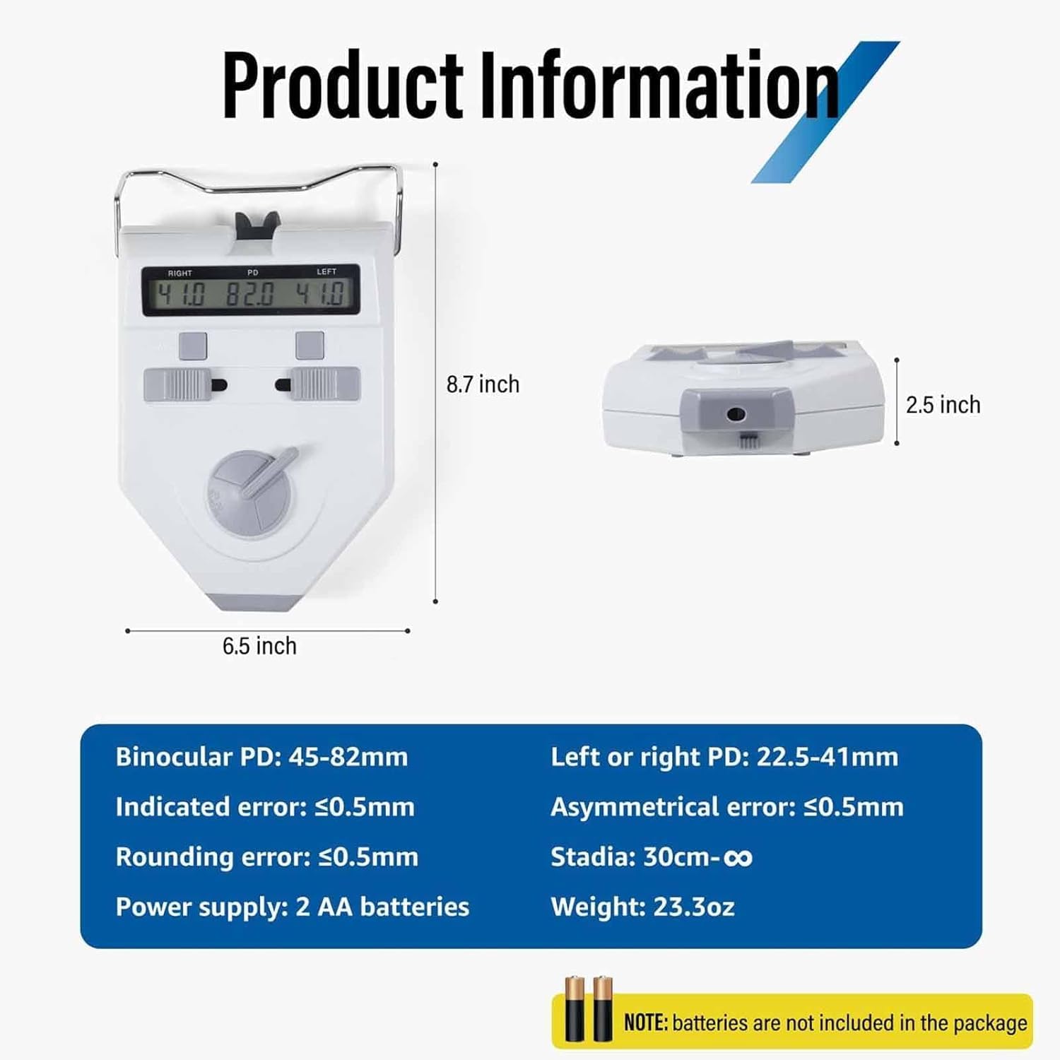 Pupilómetro óptico digital, medidor preciso de la distancia interpupilar con pantalla LCD, bajo consumo y apagado automático, precisión ajustable ±0,1/0,2/0,5 mm y distancia interpupilar binocular de