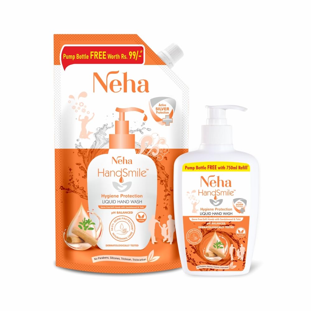 Neha Herbals Handsmile 750ml Liquid Hand Wash Pack with Free 200ml Pump Dispenser, 750ml + 200ml, Total 950ml (Orange)-image-14