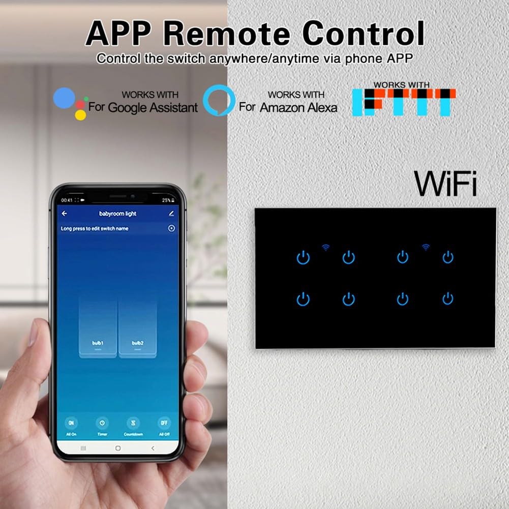Touch-Schalter Smart Lichtschalter Wifi Schalter Smart Home mit WLAN Glas Touchscreen, für Tuya App Fernbedienung/Sprachsteuerung(8 Gang-Black)